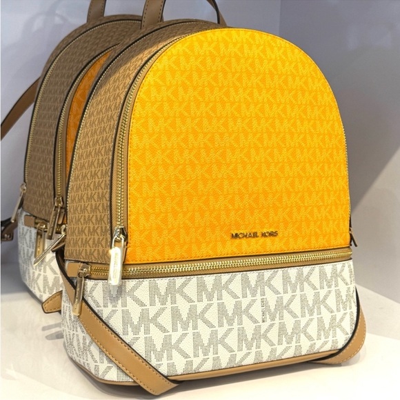 Michael Kors Rhea Medium Color-Block Signature Logo Backpack Pop Orange Multi - Picture 1 of 9